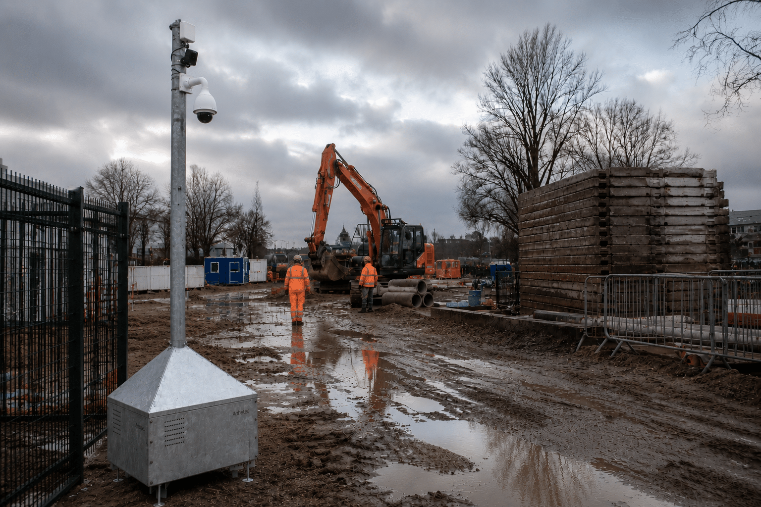 Autonome mobiele camera unit van Adhetec op een actieve Nederlandse bouwplaats met modderig terrein, graafmachine en bouwvakkers tijdens bewolkte ochtendomstandigheden.