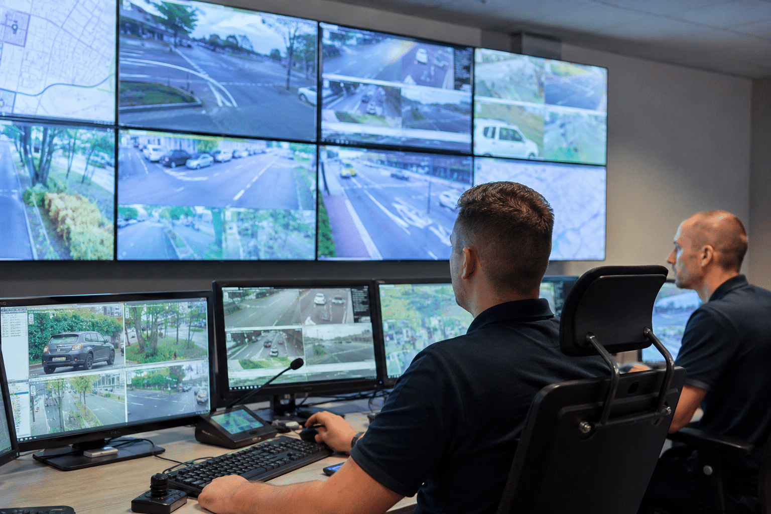 Twee beveiligingsspecialisten controleren camerabeelden en kentekenherkenning op professionele monitoren in een gemeentelijke verkeerscentrale.